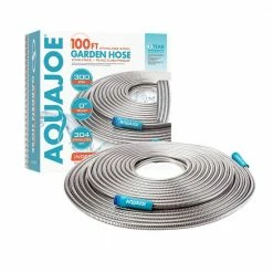 AQUA JOE Indestructible 1/2 in. Dia x 100 ft. Heavy-Duty Spiral Constructed 304-Stainless Steel Garden Hose -Cheap Garden Center Store aqua joe garden hoses ajsgh100 76 1000
