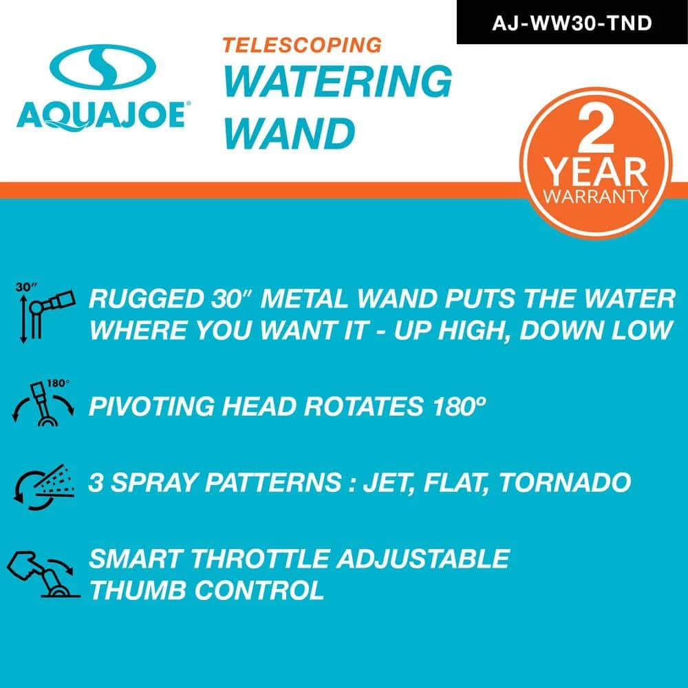 AQUA JOE 30 in. 3-Spray Pattern Telescoping Watering Wand with Tornado Spray 4 AQUA JOE 30 in. 3-Spray Pattern Telescoping Watering Wand with Tornado Spray - Image 2