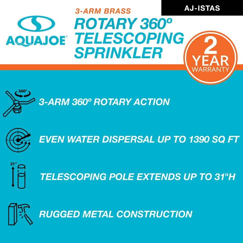 AQUA JOE 360-Degree 3-Arm Brass Rotary Telescoping Sprinkler 4 AQUA JOE 360-Degree 3-Arm Brass Rotary Telescoping Sprinkler - Image 2