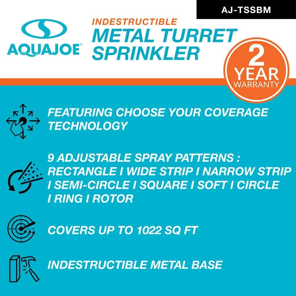AQUA JOE Indestructible 9-Pattern Metal Turret Sprinkler 4 AQUA JOE Indestructible 9-Pattern Metal Turret Sprinkler - Image 2
