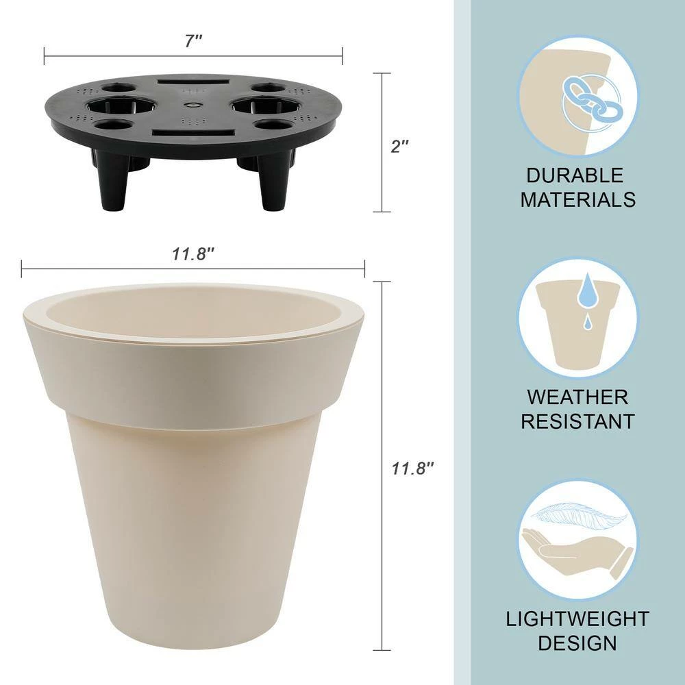 Worth Garden 12 in. Dia x 12 in. H Beige Self-Watering Plastic Round Planter Pots with Liners (2-Pack) 5 Worth Garden 12 in. Dia x 12 in. H Beige Self-Watering Plastic Round Planter Pots with Liners (2-Pack) - Image 3