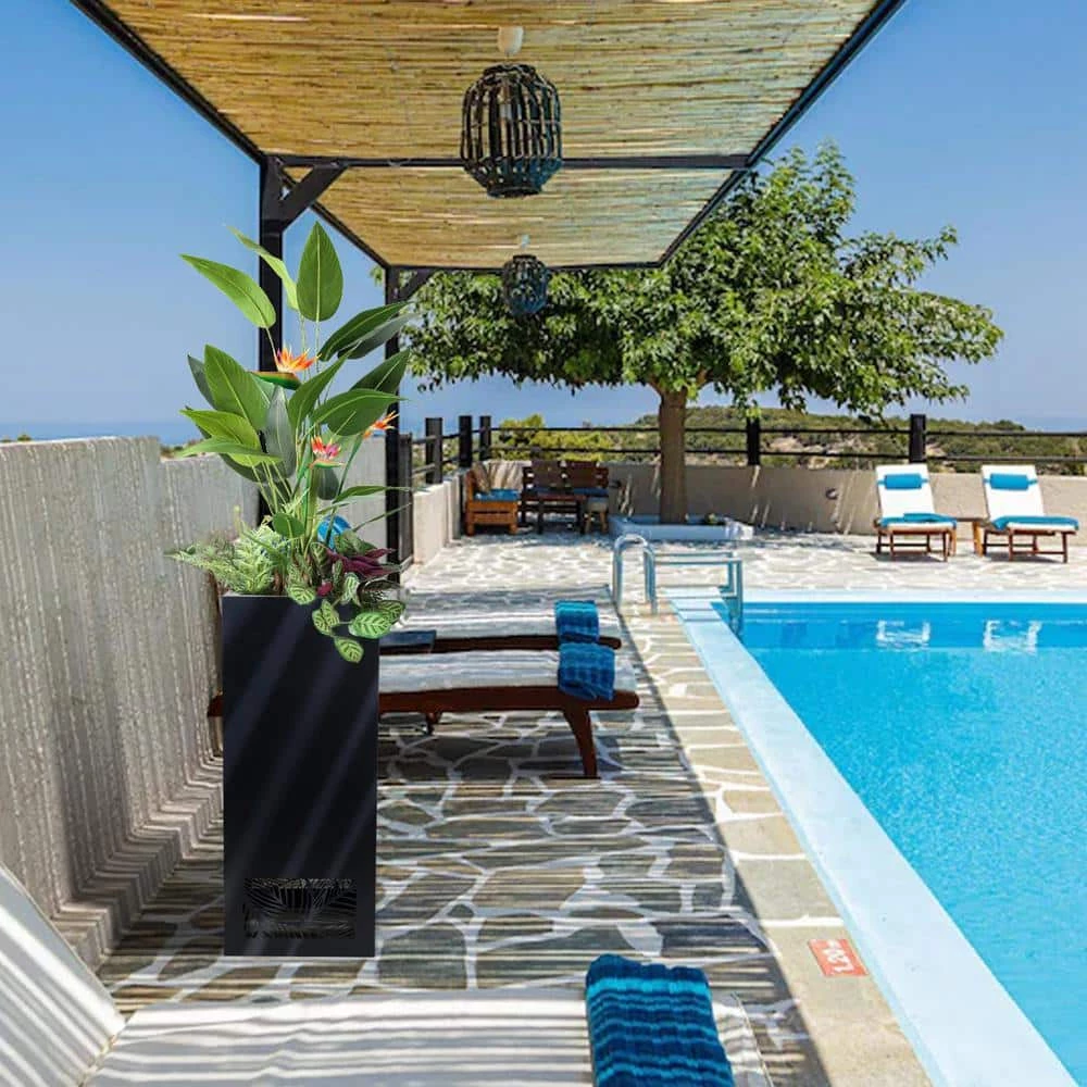 Worth Garden 30 in. Tall Black Steel Planter with Cut Out Leaves Pattern 7 Worth Garden 30 in. Tall Black Steel Planter with Cut Out Leaves Pattern - Image 5