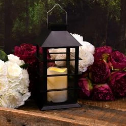 LUMABASE Horizontal Black Solar Powered Lantern with LED Candle -Cheap Garden Center Store blacks lumabase citronella candles torches 62301 4f 1000