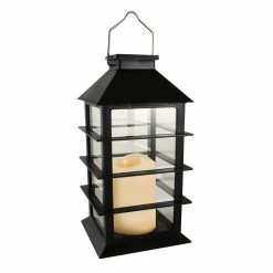 LUMABASE Horizontal Black Solar Powered Lantern with LED Candle