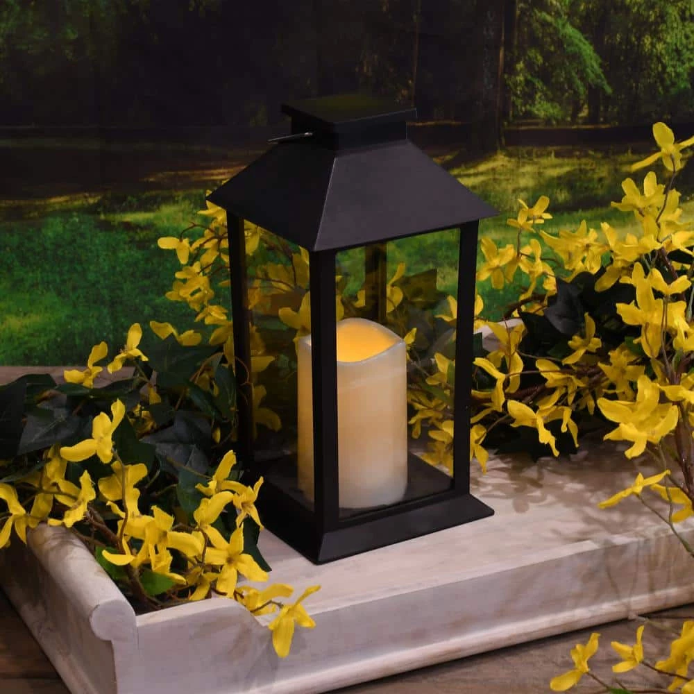 LUMABASE Traditional Black Solar Powered Lantern with LED Candle 6 LUMABASE Traditional Black Solar Powered Lantern with LED Candle - Image 4