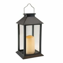 LUMABASE Traditional Black Solar Powered Lantern with LED Candle