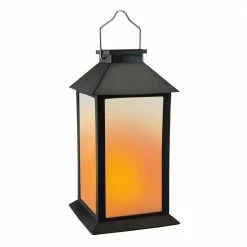 LUMABASE Solar Powered Flame Effect Black Lantern with LED Candle