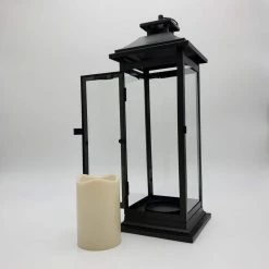 LUMABASE 6 in. x 17 in. Black Traditional Metal Lantern with LED Candle -Cheap Garden Center Store blacks lumabase citronella candles torches 90401 1f 1000