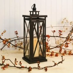 LUMABASE Metal Lantern - Warm Black Criss Cross with Battery Operated LED Candle -Cheap Garden Center Store blacks lumabase citronella candles torches 91201 4f 1000