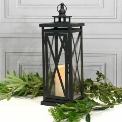LUMABASE Metal Lantern - Warm Black Criss Cross with Battery Operated LED Candle -Cheap Garden Center Store blacks lumabase citronella candles torches 91201 c3 1000