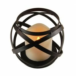LUMABASE Metal Lantern - Warm Black Banded Design with Battery Operated Candle