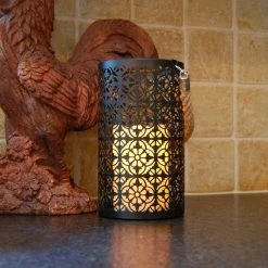LUMABASE Lantern 5 in. x 8 in. Metal Lantern Jacquard Design with LED Candle -Cheap Garden Center Store blacks lumabase citronella candles torches 95601 1f 1000