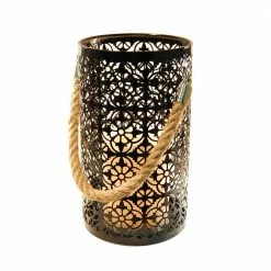 LUMABASE Lantern 5 in. x 8 in. Metal Lantern Jacquard Design with LED Candle