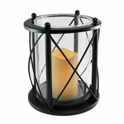 LUMABASE 7.5 in. x 8.25 in. Black Round CrissCross Metal Lantern with LED Candle
