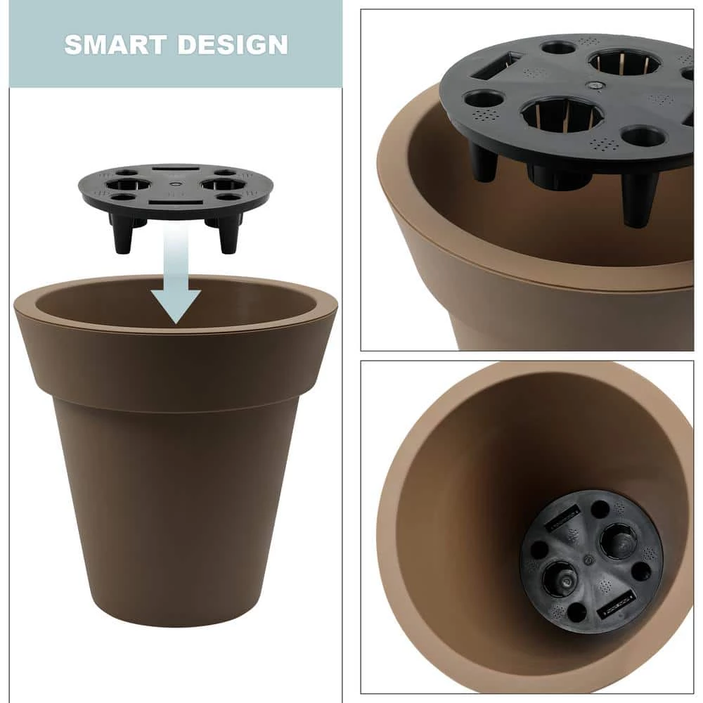 Worth Garden 12 in. Dia x 12 in. H Brown Self-Watering Plastic Round Planter Pots with Liners (2-Pack) 7 Worth Garden 12 in. Dia x 12 in. H Brown Self-Watering Plastic Round Planter Pots with Liners (2-Pack) - Image 5