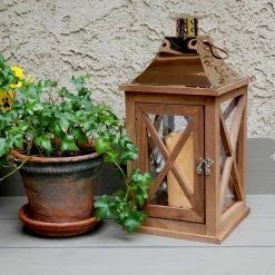 LUMABASE Lantern 7.75 in. x 15.5 in. Wooden Lantern Copper Roof with LED Candle -Cheap Garden Center Store browns tans lumabase citronella candles torches 95101 1f 1000
