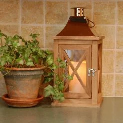 LUMABASE Lantern 7.75 in. x 15.5 in. Wooden Lantern Copper Roof with LED Candle -Cheap Garden Center Store browns tans lumabase citronella candles torches 95101 44 1000