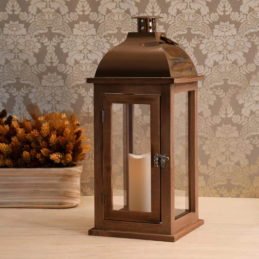 LUMABASE Lantern 7.5 in. x 17 in. Wooden Brown Lantern Copper Roof with LED Candle 6 LUMABASE Lantern 7.5 in. x 17 in. Wooden Brown Lantern Copper Roof with LED Candle - Image 4