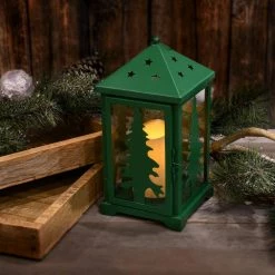 LUMABASE Green Battery Operated Metal Lantern