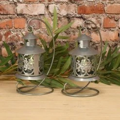 LUMABASE Lantern 5 in. x 9 in. Metal Lantern Silver Hanging Design (2-Count) -Cheap Garden Center Store metallics lumabase citronella candles torches 91102 44 1000