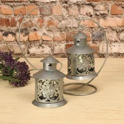LUMABASE Lantern 5 in. x 9 in. Metal Lantern Silver Hanging Design (2-Count) -Cheap Garden Center Store metallics lumabase citronella candles torches 91102 4f 1000