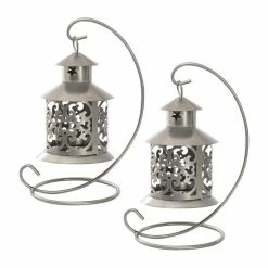 LUMABASE Lantern 5 in. x 9 in. Metal Lantern Silver Hanging Design (2-Count)