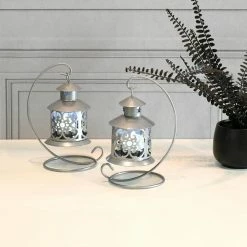 LUMABASE Lantern 5 in. x 9 in. Metal Lantern Silver Hanging Design (2-Count) -Cheap Garden Center Store metallics lumabase citronella candles torches 91102 c3 1000