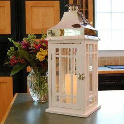 LUMABASE Lantern 9 in. x 20 in. White Wooden Lantern Chrome Roof with LED Candle -Cheap Garden Center Store whites lumabase citronella candles torches 95001 1f 1000