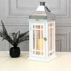 LUMABASE Lantern 9 in. x 20 in. White Wooden Lantern Chrome Roof with LED Candle -Cheap Garden Center Store whites lumabase citronella candles torches 95001 44 1000