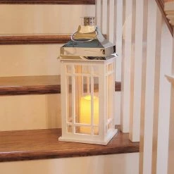 LUMABASE Lantern 9 in. x 20 in. White Wooden Lantern Chrome Roof with LED Candle -Cheap Garden Center Store whites lumabase citronella candles torches 95001 4f 1000