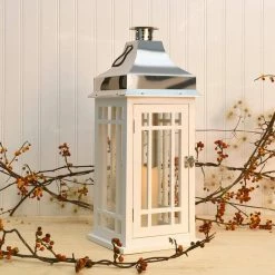 LUMABASE Lantern 9 in. x 20 in. White Wooden Lantern Chrome Roof with LED Candle -Cheap Garden Center Store whites lumabase citronella candles torches 95001 fa 1000