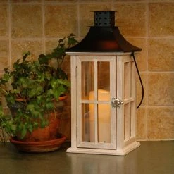 LUMABASE Lantern 7 in. x 17 in. Wooden White Washed Lantern Black Roof with LED Candle -Cheap Garden Center Store whites lumabase citronella candles torches 95201 44 1000
