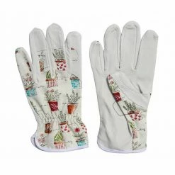 Worth Garden Cute Canvas and Leather Protective Gardening Gloves Cheerful Bonsai Print Design for Women