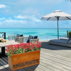 Worth Garden 30 in. L Rectangular Corten Steel Planter with Cut Out Leaves Pattern -Cheap Garden Center Store yellow rust worth garden plant pots g873a02 44 1000